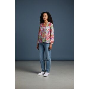 Lilly Pulitzer Silk Smocked V Neck Long Sleeve Tunic Top Coral Teal Pink Print M